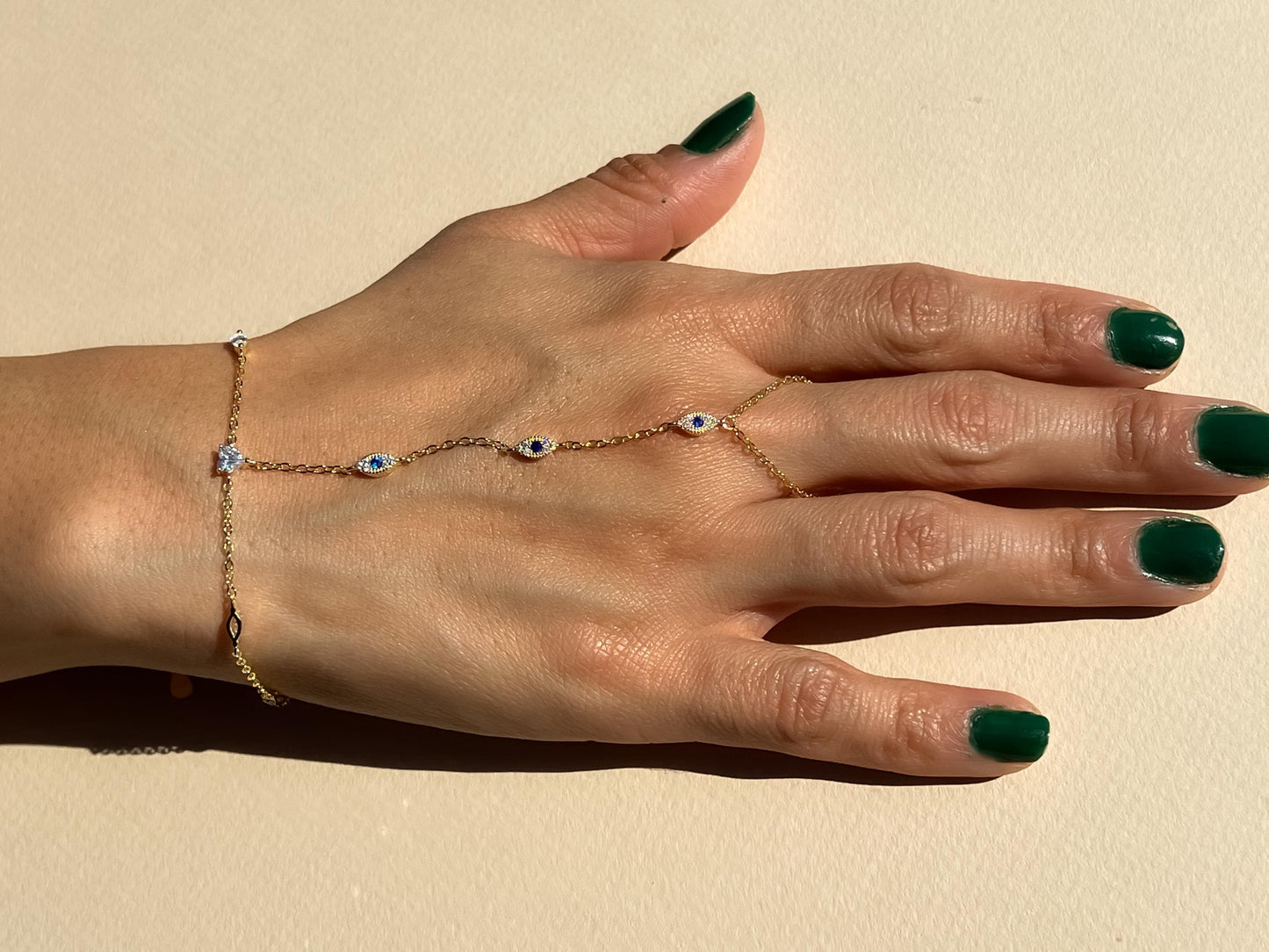 Gold dainty evil eye handchain bracelet blue evil eye gold hand chain bracelet trendy hand chain bracelet dark blue evil eye ring bracelet