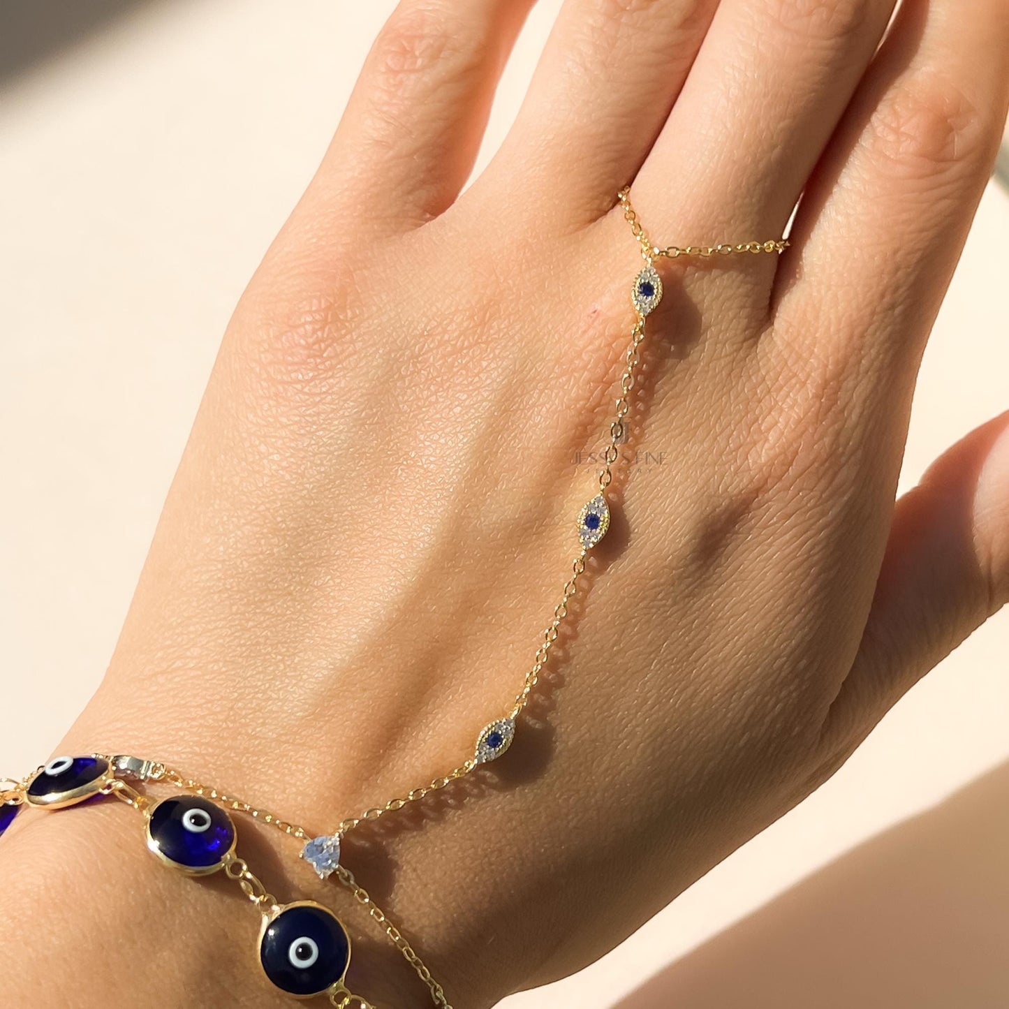 Gold dainty evil eye handchain bracelet blue evil eye gold hand chain bracelet trendy hand chain bracelet dark blue evil eye ring bracelet
