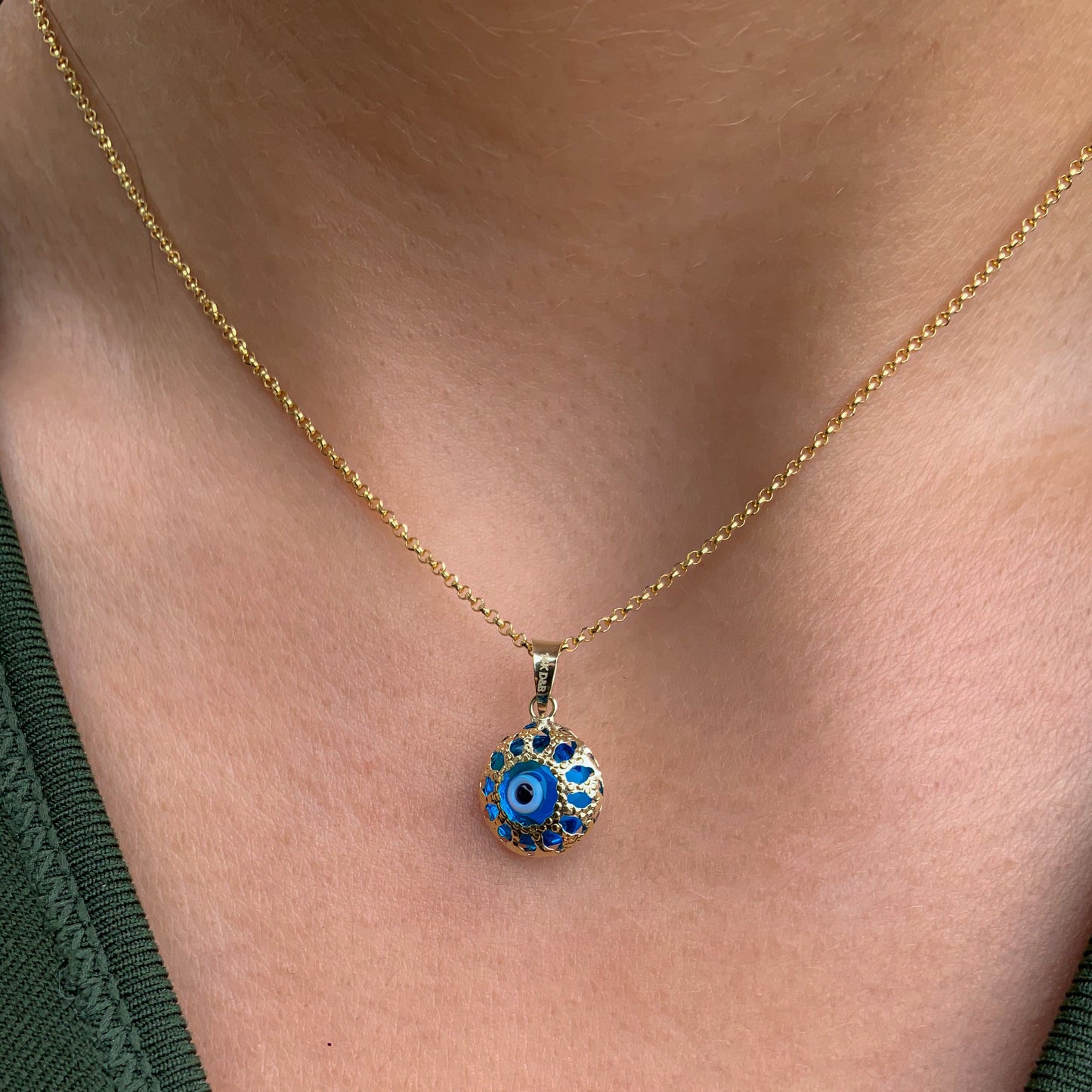 14K Gold Greek Evil Eye Pendant Blue Murano Protection and Good Luck Charm Evil eye ocean blue pendant Filigree blue evil eye pendant amulet