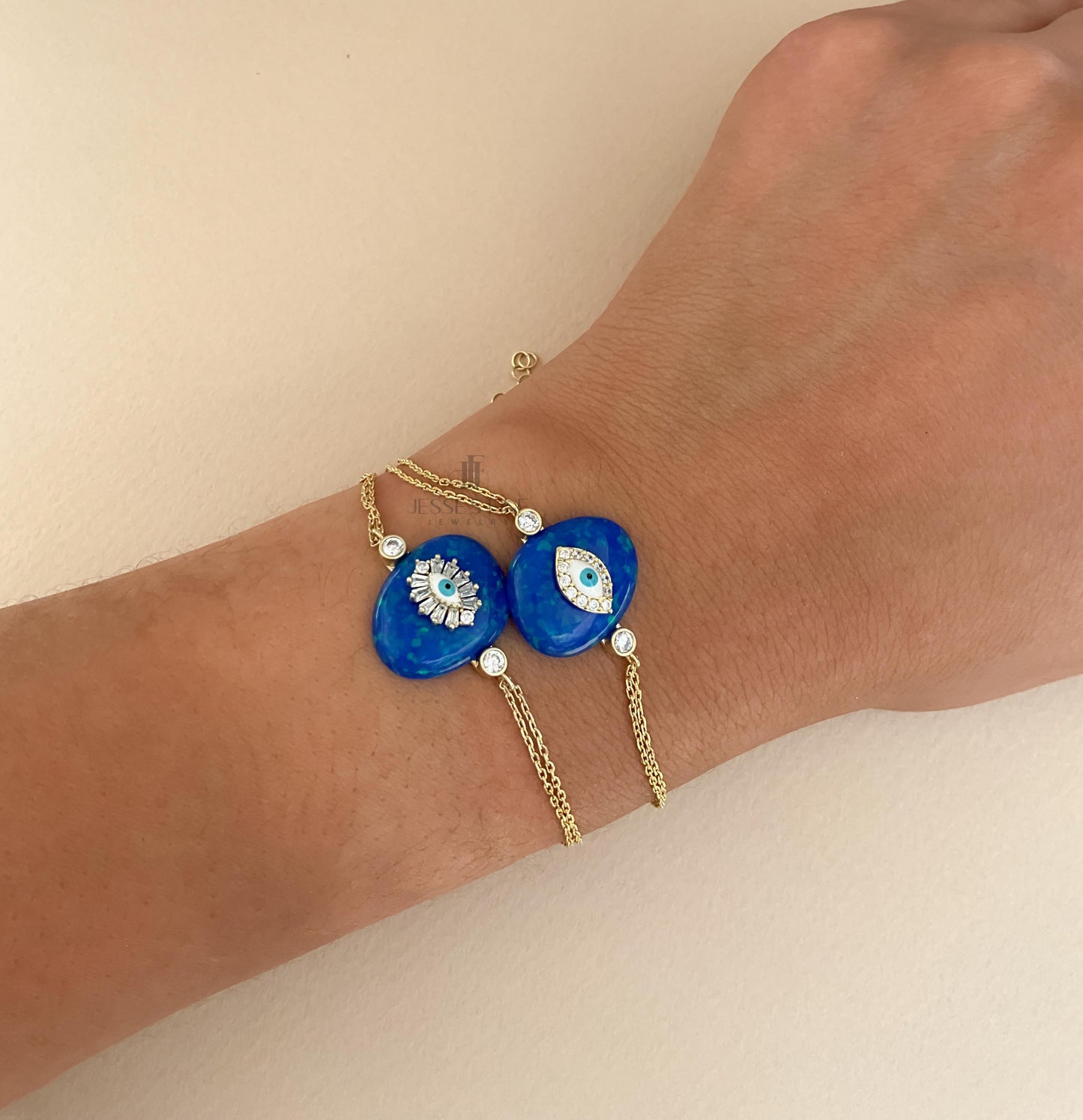 Gold Evil eye opal blue bracelet gold plated dark blue opal evil eye bracelet baguette white and light blue evil eye CZ stone evil eye