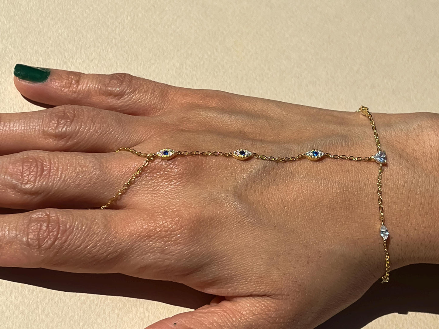 14K Gold Plated Hand Chain Bracelet Hand Chain Ring Minimalist Jewelry Blue evil eye dainty multi stone handchain bracelet CZ evil eye gold