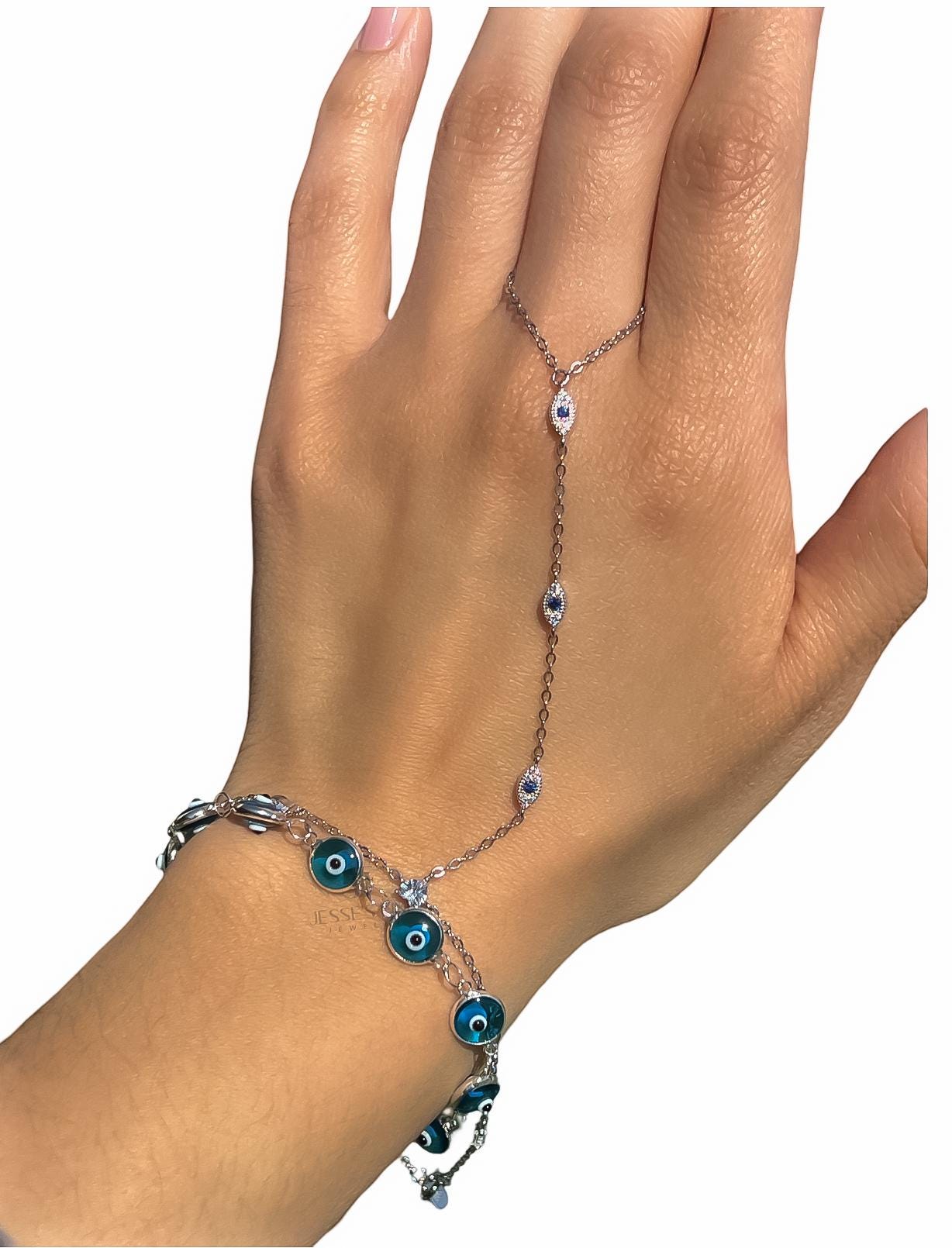 Gold dainty evil eye handchain bracelet blue evil eye gold hand chain bracelet trendy hand chain bracelet dark blue evil eye ring bracelet