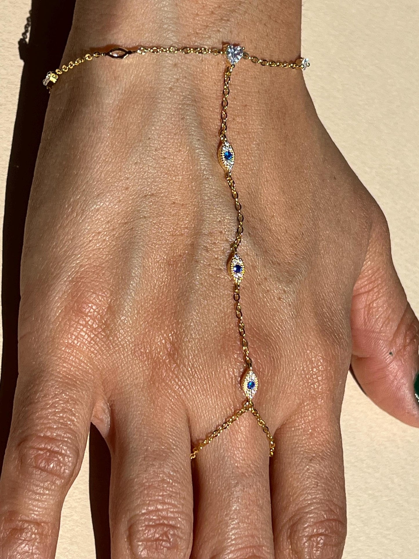 Gold dainty evil eye handchain bracelet blue evil eye gold hand chain bracelet trendy hand chain bracelet dark blue evil eye ring bracelet