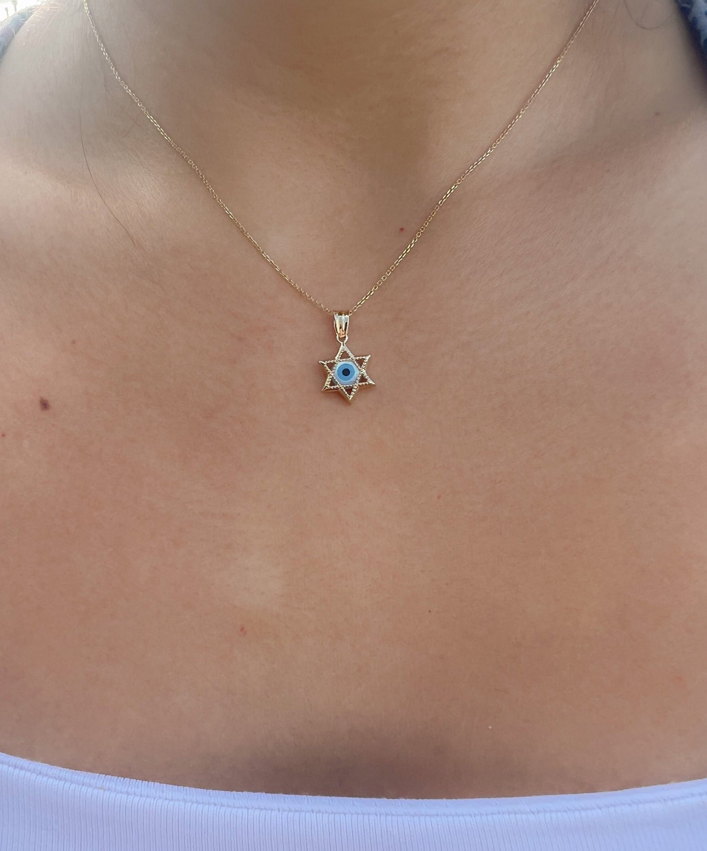 Star of David yellow gold pendant with light blue evil eye pendant amulet pendant Star of David pendant gift for Bar Mitzvah Gift judaica