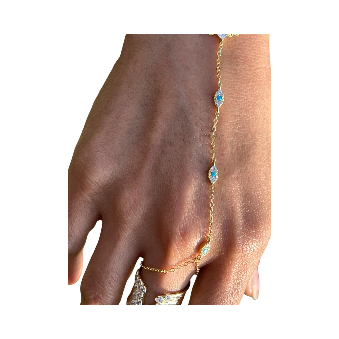 Turquoise evil eye dainty multi stone handchain bracelet CZ evil eye silver hand chain bracelet trendy hand chain bracelet gift for girl