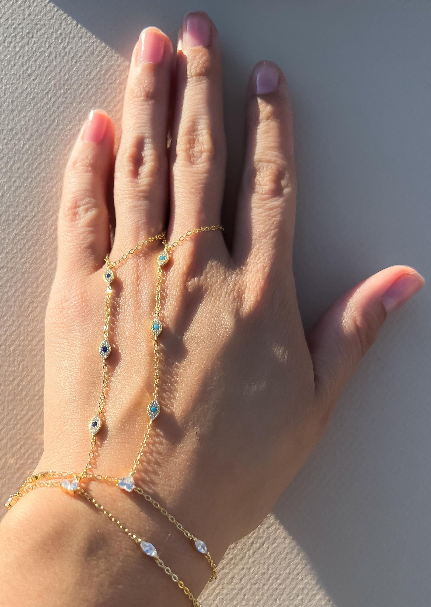 14K Gold Plated Hand Chain Bracelet Hand Chain Ring Minimalist Jewelry Blue evil eye dainty multi stone handchain bracelet CZ evil eye gold