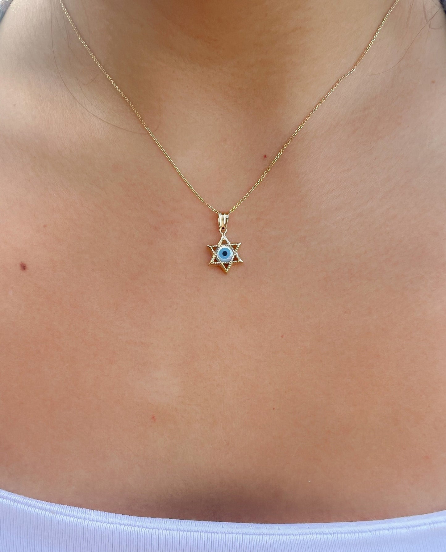 Star of David yellow gold pendant with light blue evil eye pendant amulet pendant Star of David pendant gift for Bar Mitzvah Gift judaica