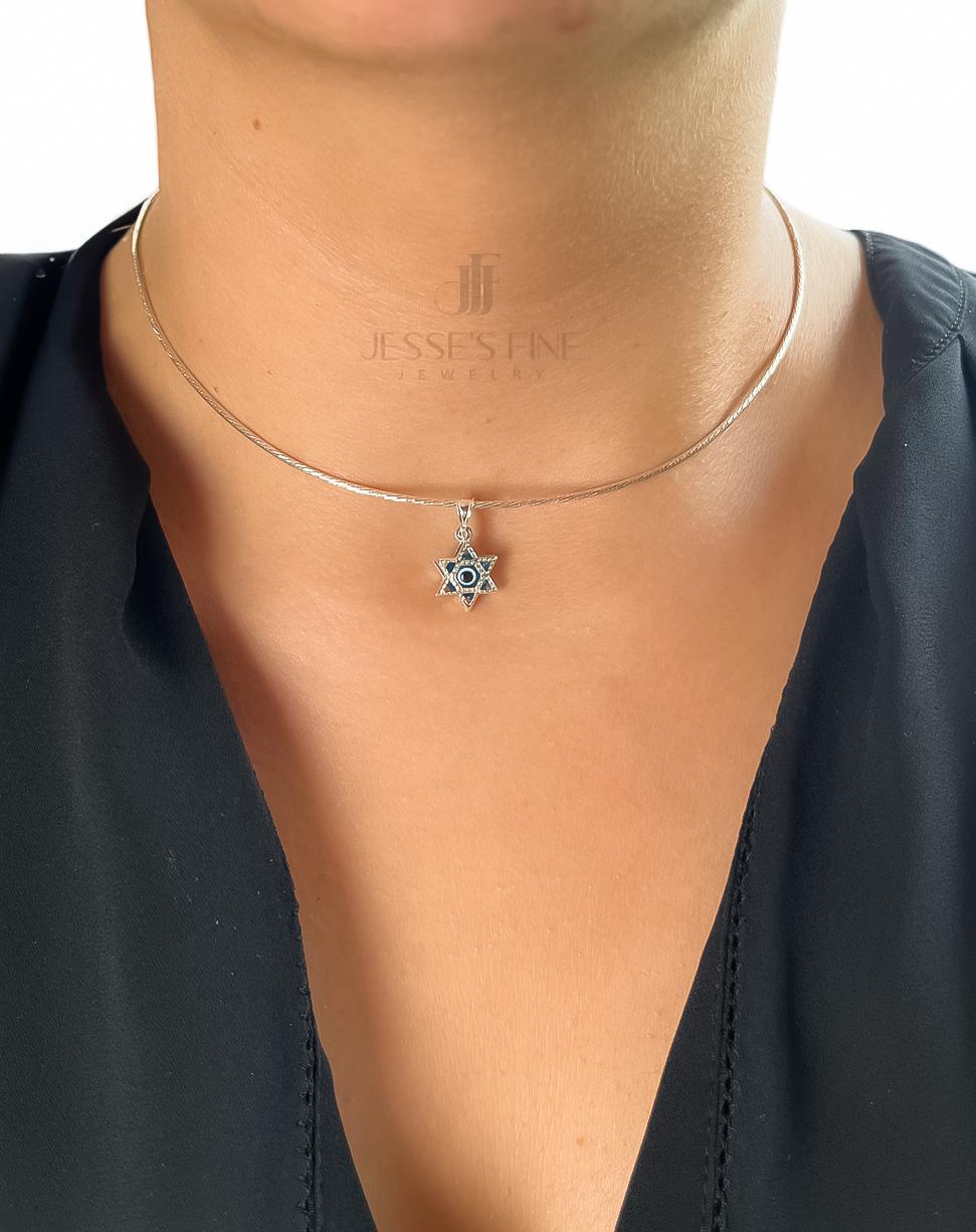 Collar necklace White Star of David pendant blue yellow gold Star of David Jewish star omega necklace Bat Mitzvah Evil eye David Magen gift