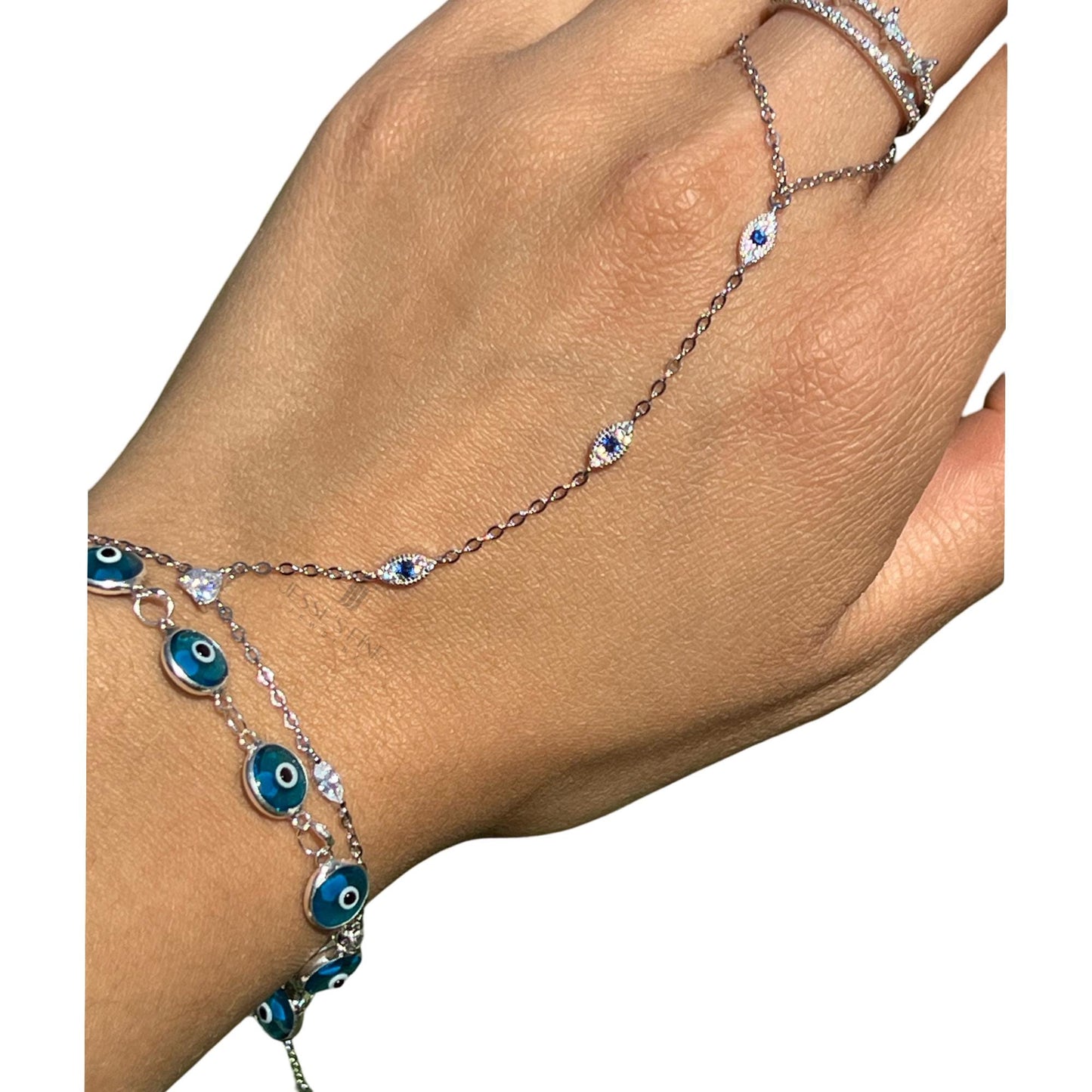 Gold dainty evil eye handchain bracelet blue evil eye gold hand chain bracelet trendy hand chain bracelet dark blue evil eye ring bracelet