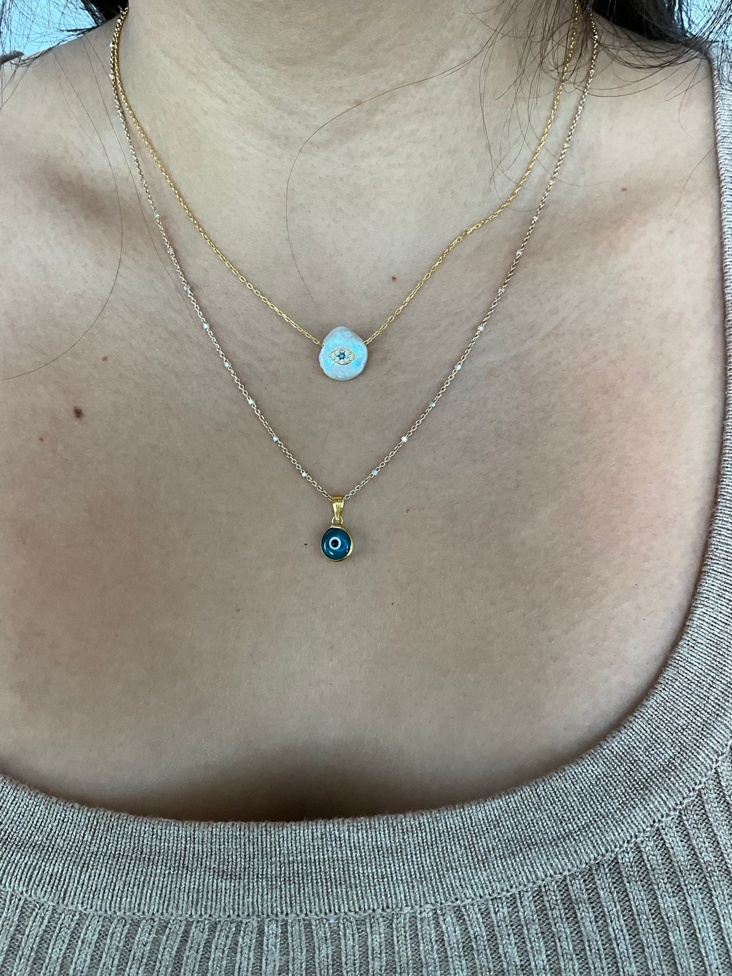Bezel round dainty white Evil Eye puffed Pendant silver and gold plated Good Luck Round Protection Jewelry dainty Pendant amulet charm