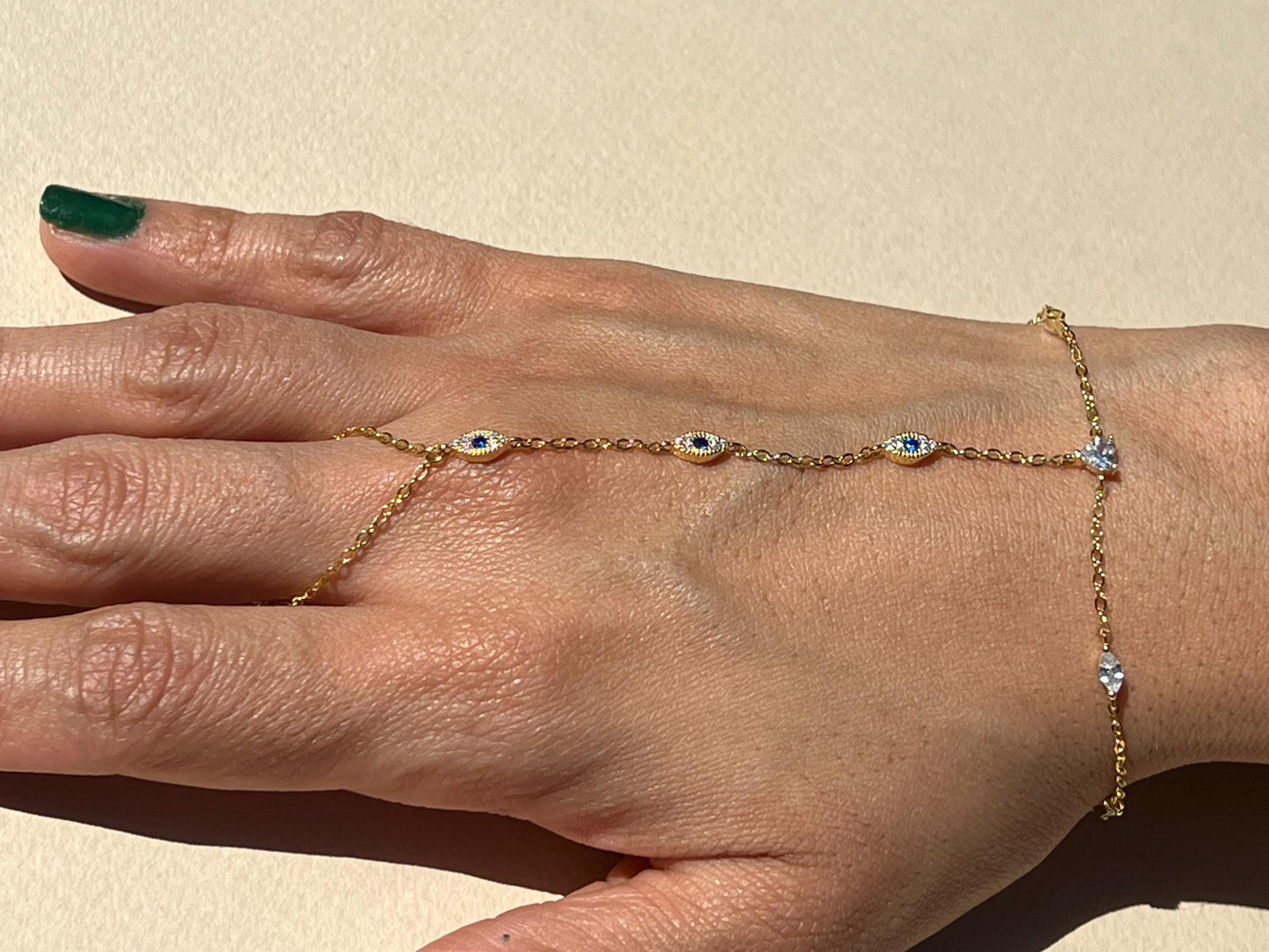14K Gold Plated Hand Chain Bracelet Hand Chain Ring Minimalist Jewelry Blue evil eye dainty multi stone handchain bracelet CZ evil eye gold
