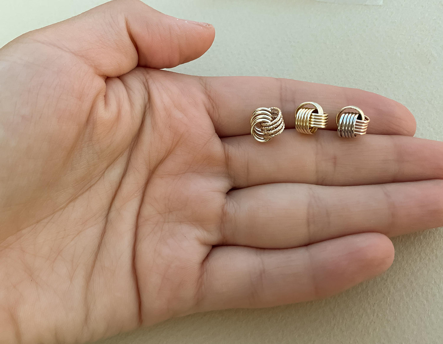 Mini real gold love knot earring three gold love knot earrings bridesmaid earring wedding day earring gift for her Italian love knot earring