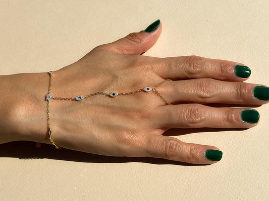 Blue evil eye dainty multi stone handchain bracelet CZ evil eye gold hand chain bracelet trendy hand chain bracelet dark blue evil eye