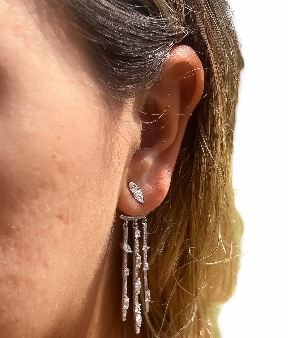 Silver ear jacket earring two in one earring long dangle dainty silver earring multi stone drop dangle silver earring gift for her earring