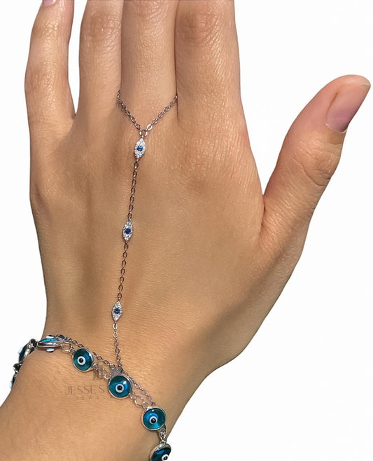 14K Gold Plated Hand Chain Bracelet Hand Chain Ring Minimalist Jewelry Blue evil eye dainty multi stone handchain bracelet CZ evil eye gold