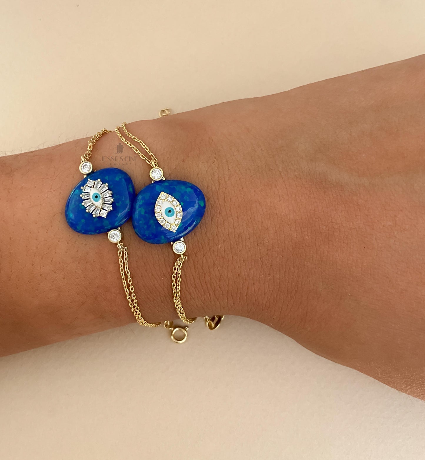 Gold Evil eye opal blue bracelet gold plated dark blue opal evil eye bracelet baguette white and light blue evil eye CZ stone evil eye