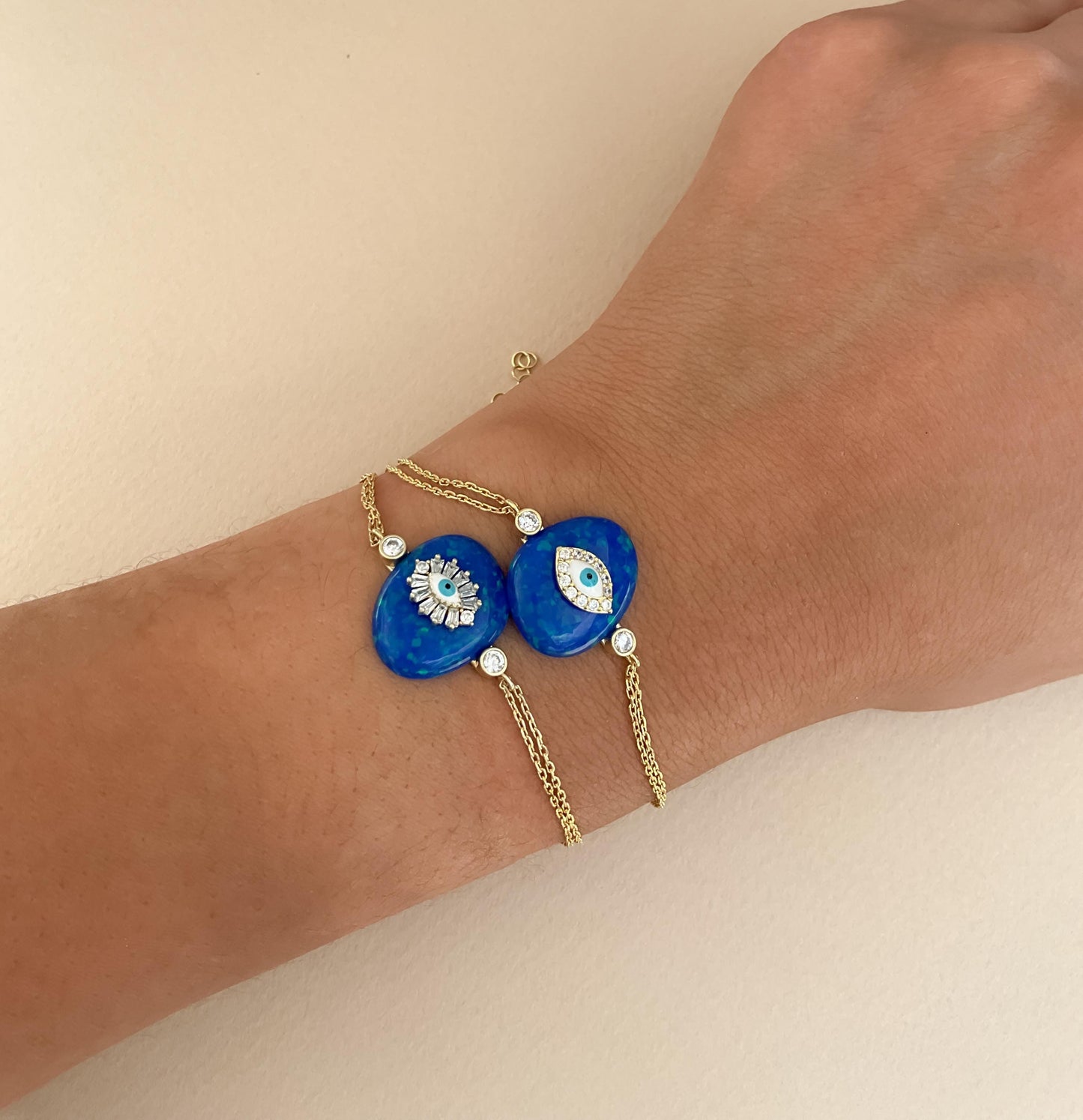 Gold Evil eye opal blue bracelet gold plated dark blue opal evil eye bracelet baguette white and light blue evil eye CZ stone evil eye