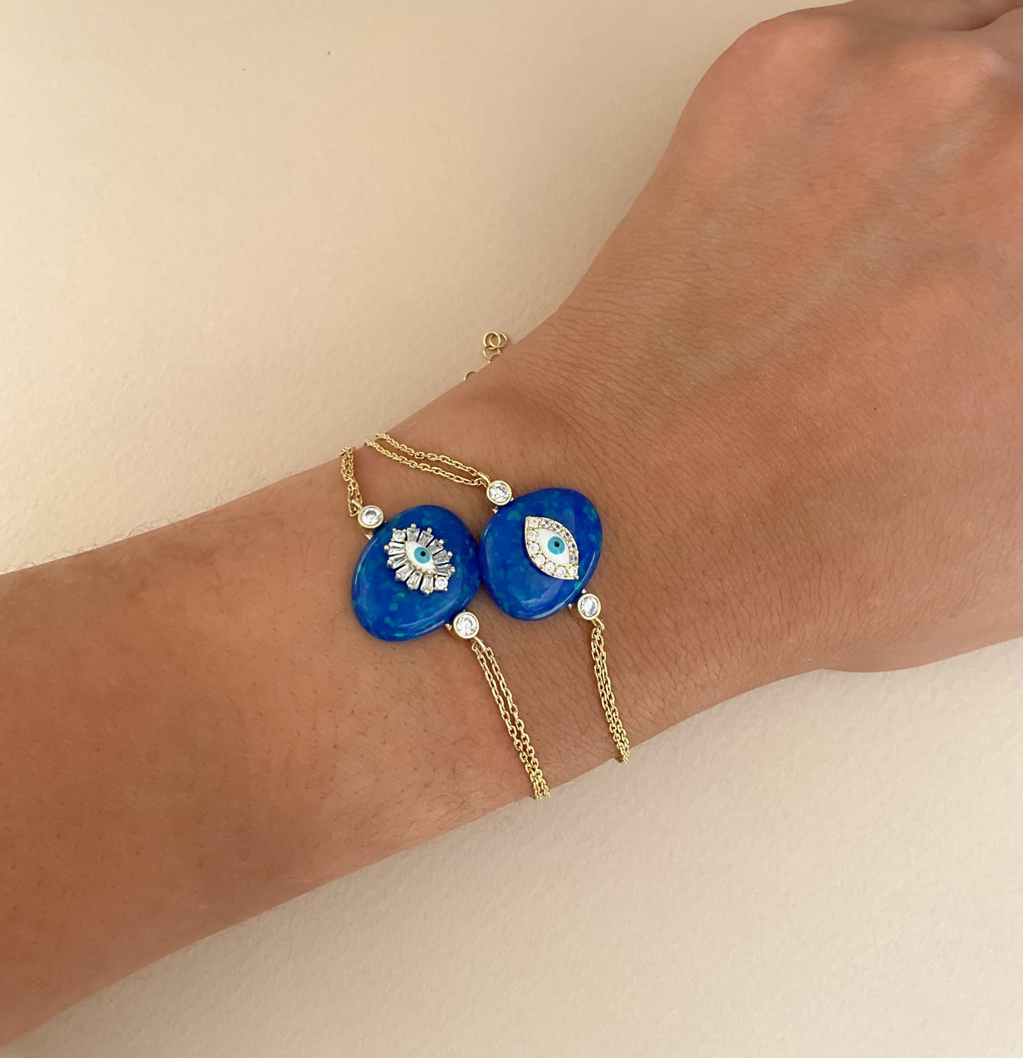 Opal blue Evil eye bracelet gold plated dark blue opal evil eye bracelet baguette white and light blue evil eye CZ stone evil eye bracelet
