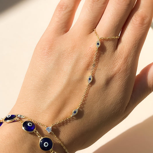 Gold dainty evil eye handchain bracelet blue evil eye gold hand chain bracelet trendy hand chain bracelet dark blue evil eye ring bracelet