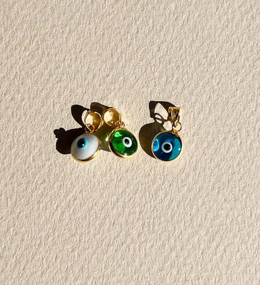 Bezel round dainty white Evil Eye puffed Pendant silver and gold plated Good Luck Round Protection Jewelry dainty Pendant amulet charm