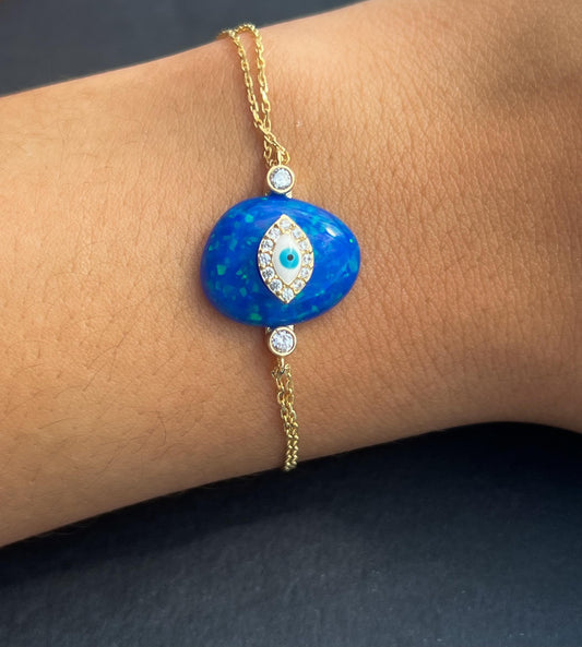 Gold Evil eye opal blue bracelet gold plated dark blue opal evil eye bracelet baguette white and light blue evil eye CZ stone evil eye