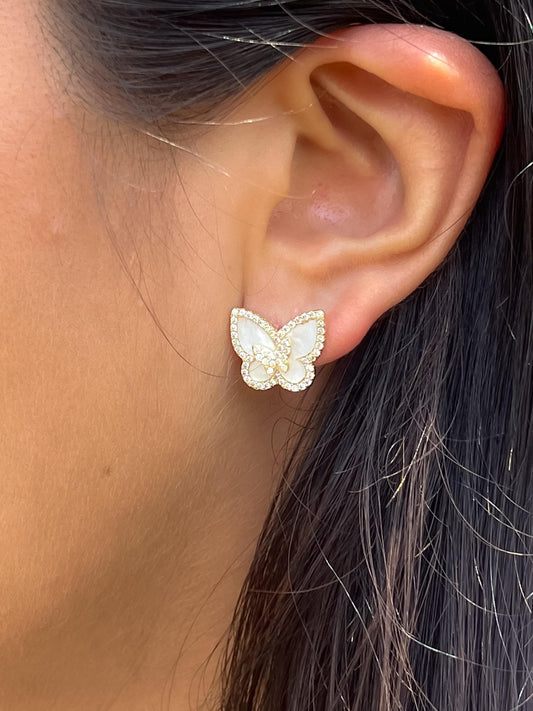 Butterfly earring with CZ stones double butterfly earring with mother of pearl earring gift for her earrings earrings for teenage girl