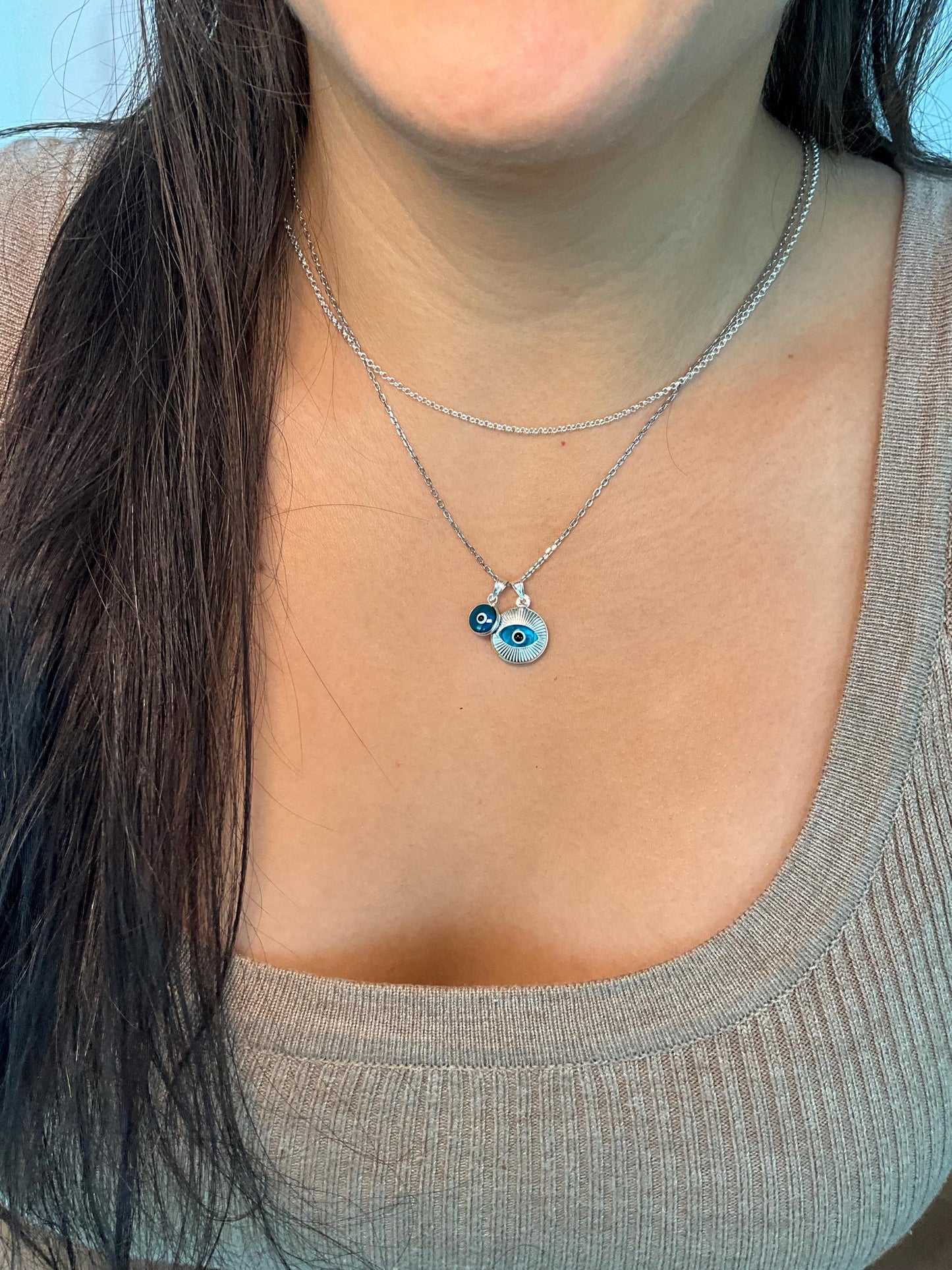 Bezel round dainty white Evil Eye puffed Pendant silver and gold plated Good Luck Round Protection Jewelry dainty Pendant amulet charm