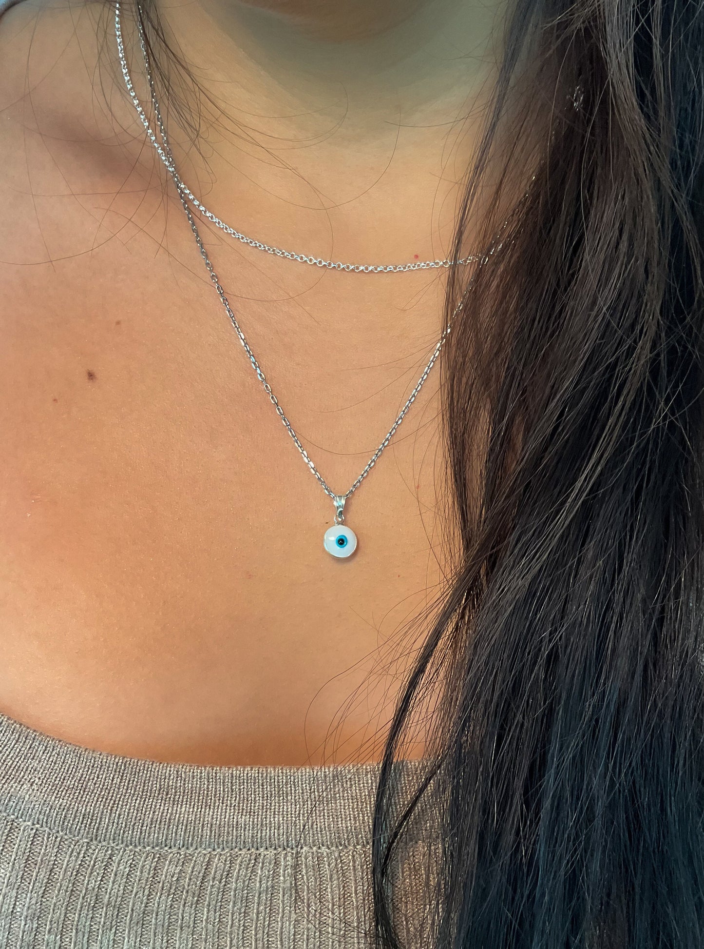 Bezel round dainty white Evil Eye puffed Pendant silver and gold plated Good Luck Round Protection Jewelry dainty Pendant amulet charm