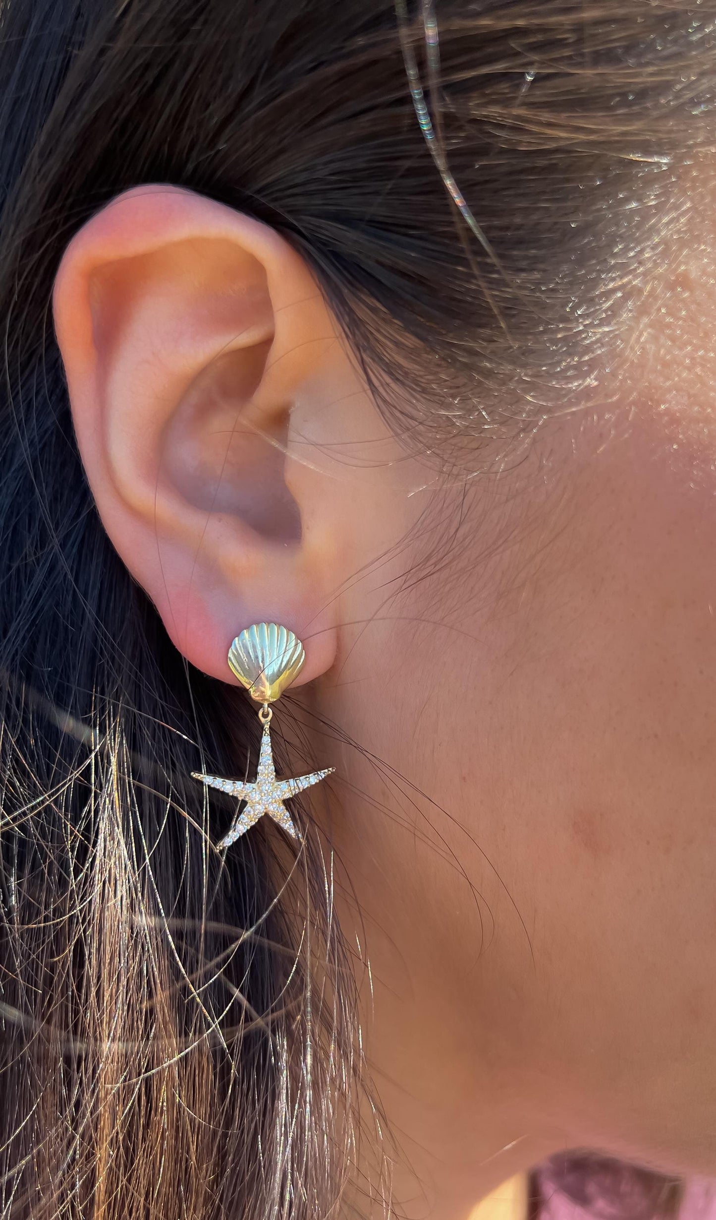 Summer seashell earrings with starfish dangle cz stone starfish earrings beach wedding earrings gold seashell earrings for girl beach dangle