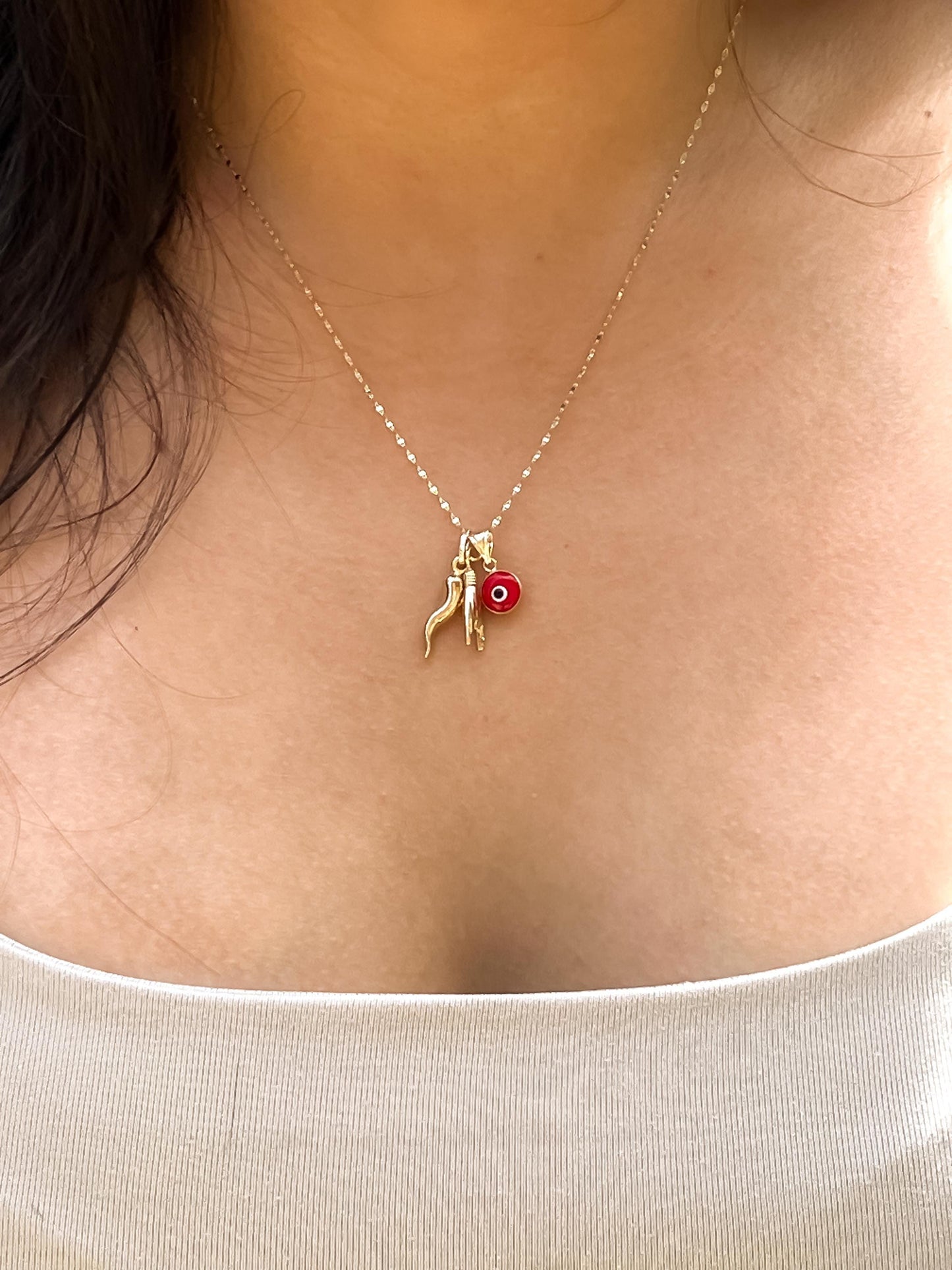 Red evil eye Mini Mano Cornuto Charm Gold Hand horn 14K Real Gold Italian Charm good luck charm protection cornicello charm malocchio gold
