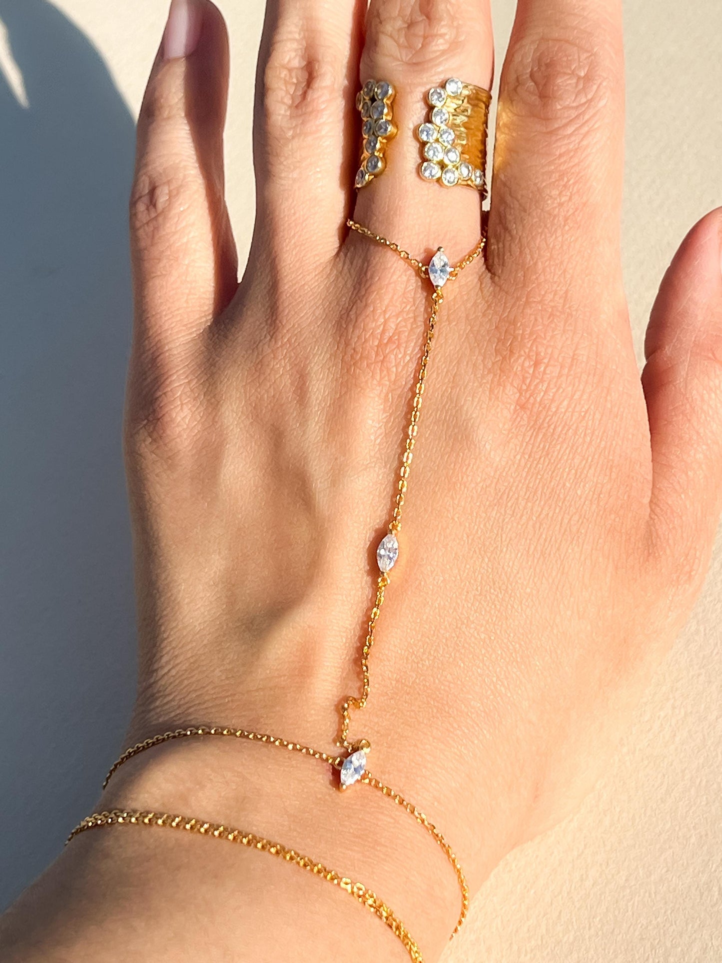 Gold double wrap dainty marquise stone handchain bracelet CZ gold plated hand chain bracelet trendy hand chain bracelet gift for her