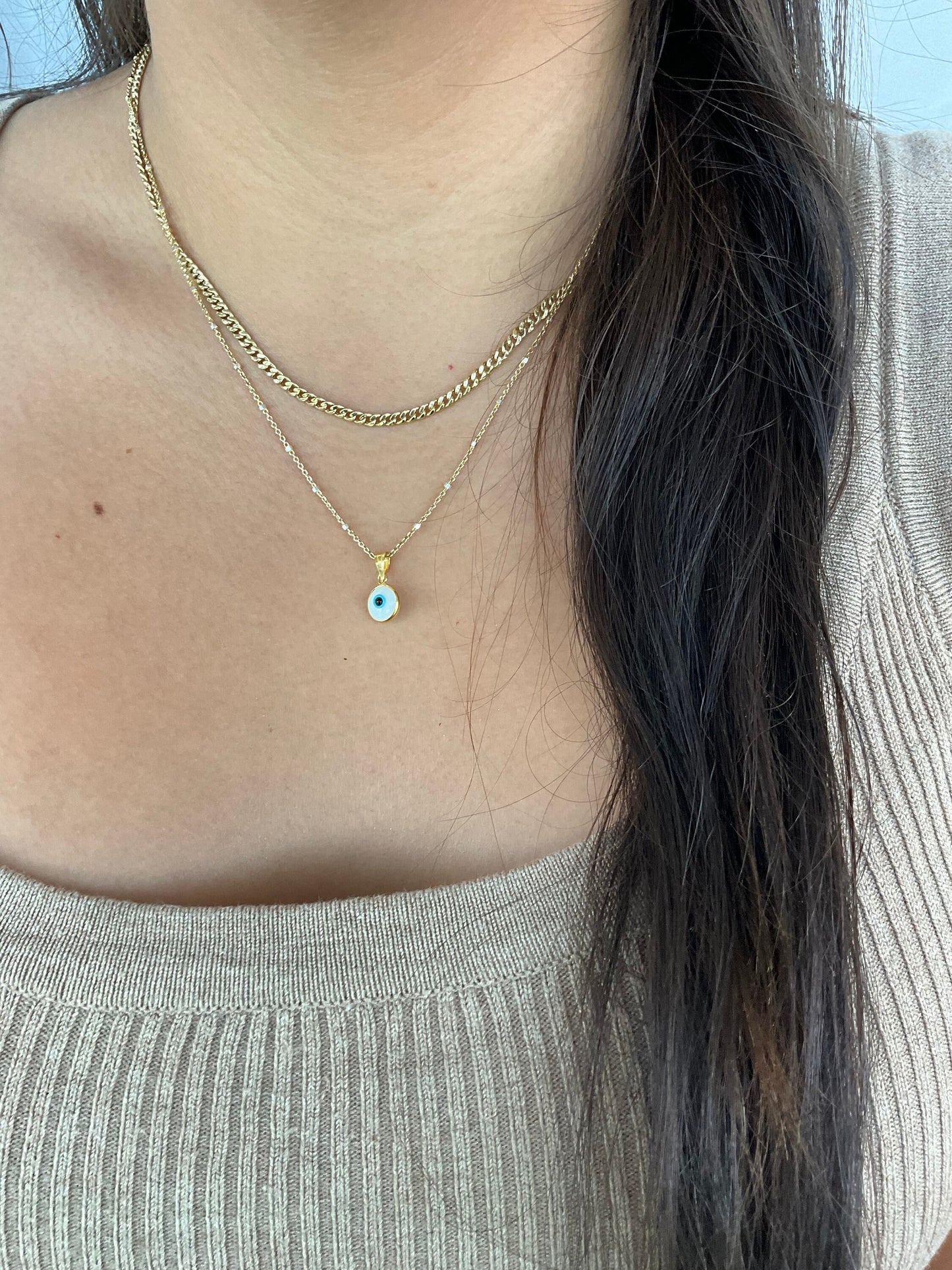 Bezel round dainty white Evil Eye puffed Pendant silver and gold plated Good Luck Round Protection Jewelry dainty Pendant amulet charm
