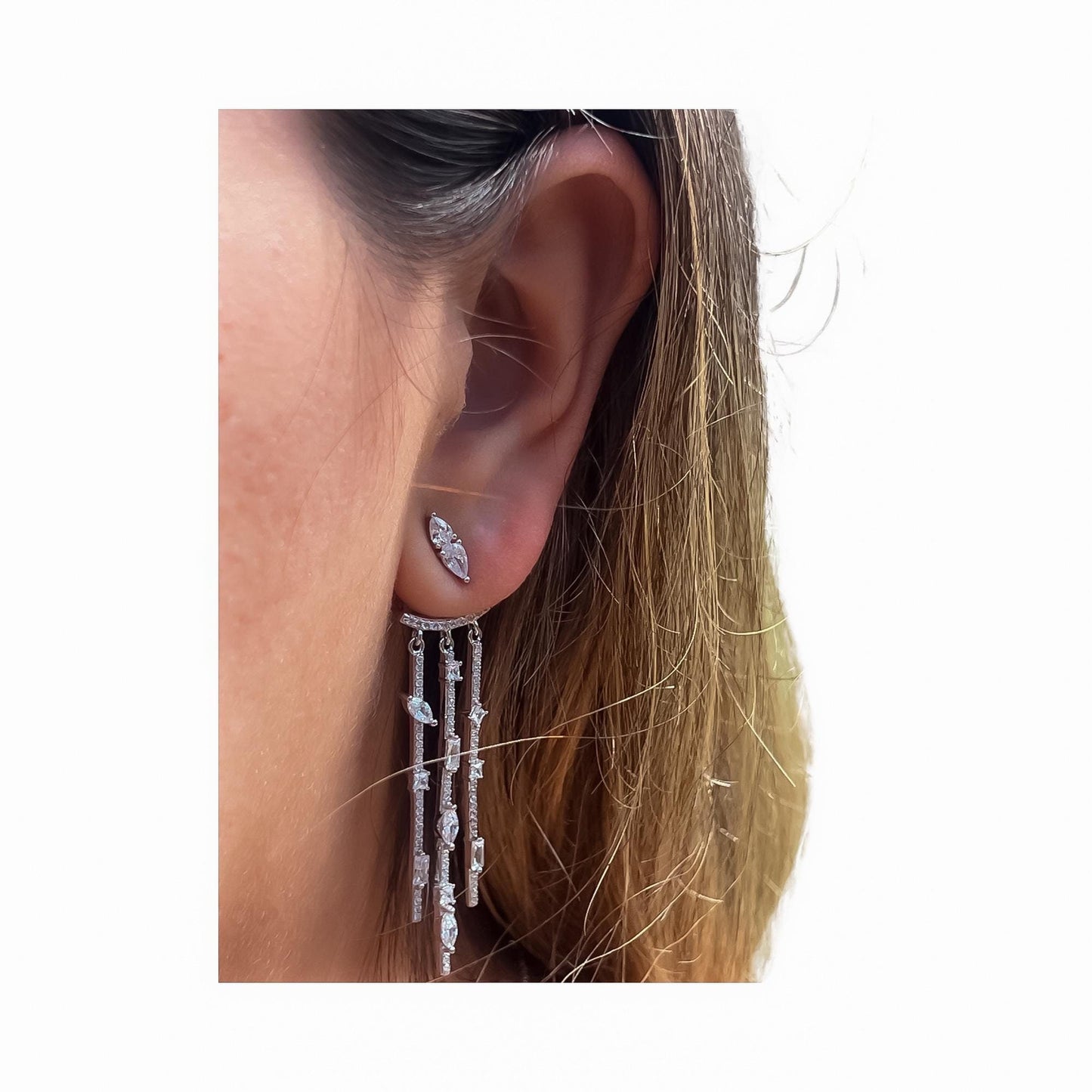 Silver ear jacket earring two in one earring long dangle dainty silver earring multi stone drop dangle silver earring gift for her earring