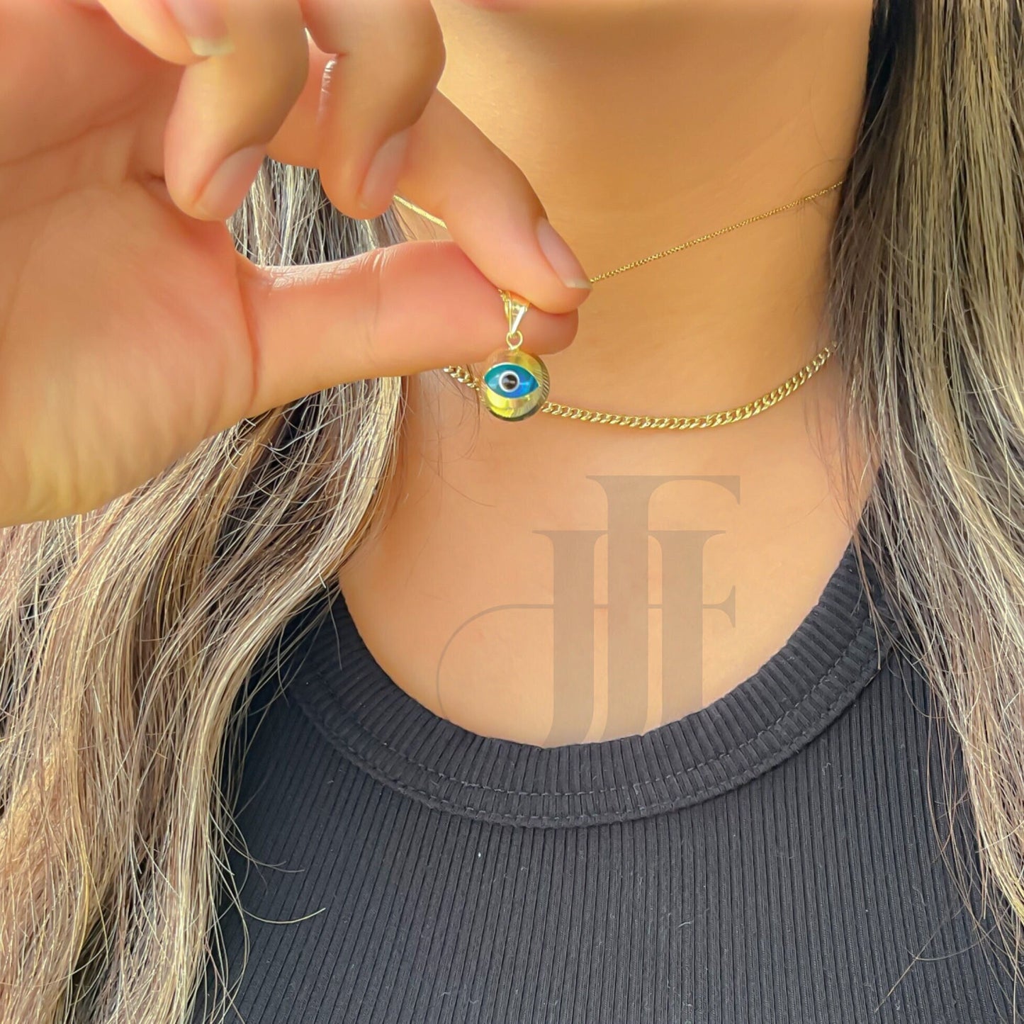 Nazar Puffed round evil eye pendant 14k rounded gold turquoise round ocean blue evil eye charm glass evil eye pendant amulet mal de ojo