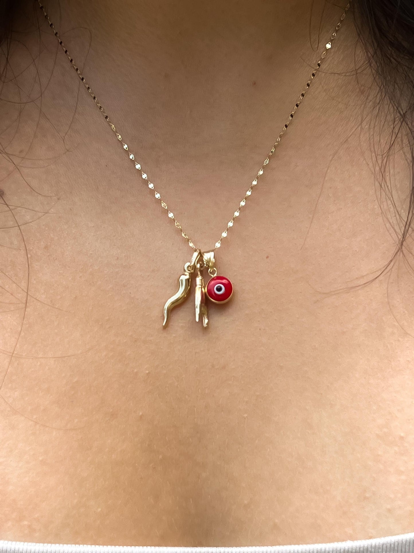 Red evil eye Mini Mano Cornuto Charm Gold Hand horn 14K Real Gold Italian Charm good luck charm protection cornicello charm malocchio gold