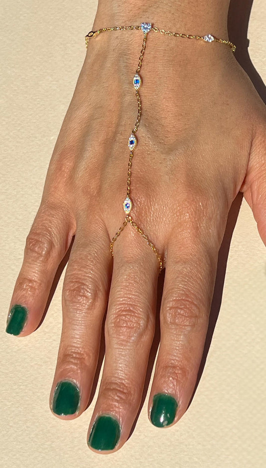 14K Gold Plated Hand Chain Bracelet Hand Chain Ring Minimalist Jewelry Blue evil eye dainty multi stone handchain bracelet CZ evil eye gold