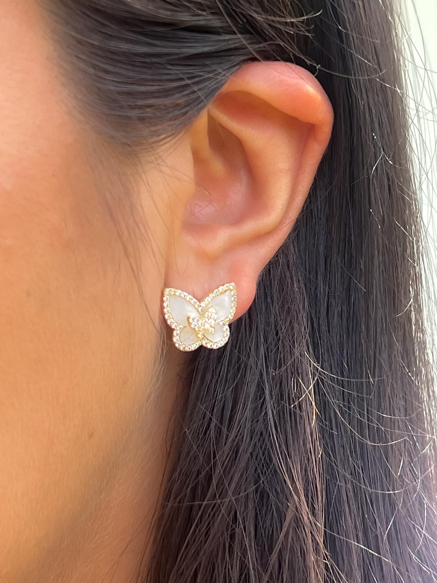 Butterfly earring with CZ stones double butterfly earring with mother of pearl earring gift for her earrings earrings for teenage girl