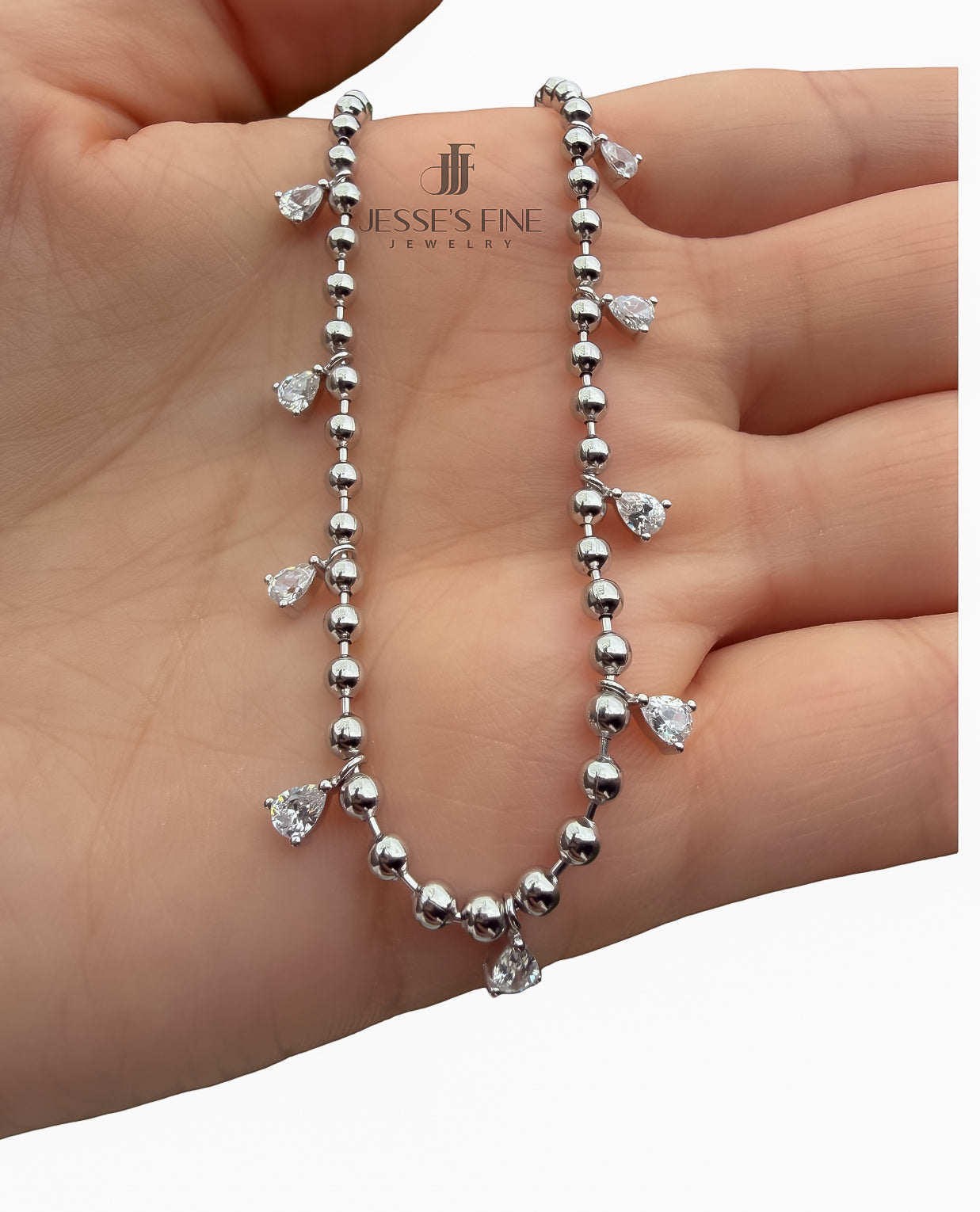 Sterling Silver Pear CZ Dangle Drop Necklace – Minimalist Ball Chain Jewelry