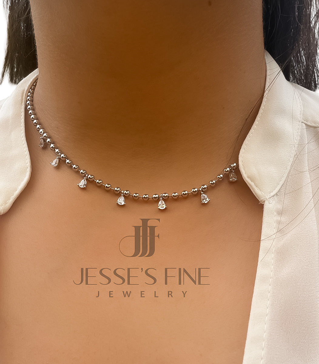 Sterling Silver Pear CZ Dangle Drop Necklace – Minimalist Ball Chain Jewelry