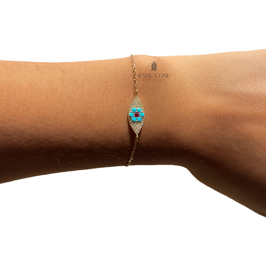 Dainty Turquoise Evil Eye Bracelet, Gold Plated Silver, Protection Charm Jewelry