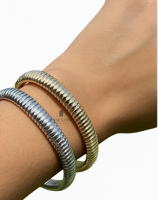 Silver Tubogas Bracelet Sterling Silver Statement Bold Wide Cuff Bangle Flexible Silver Bracelet Everyday ribbed bracelet