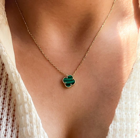 Green clover flower necklace 14k yellow gold single green flower necklace