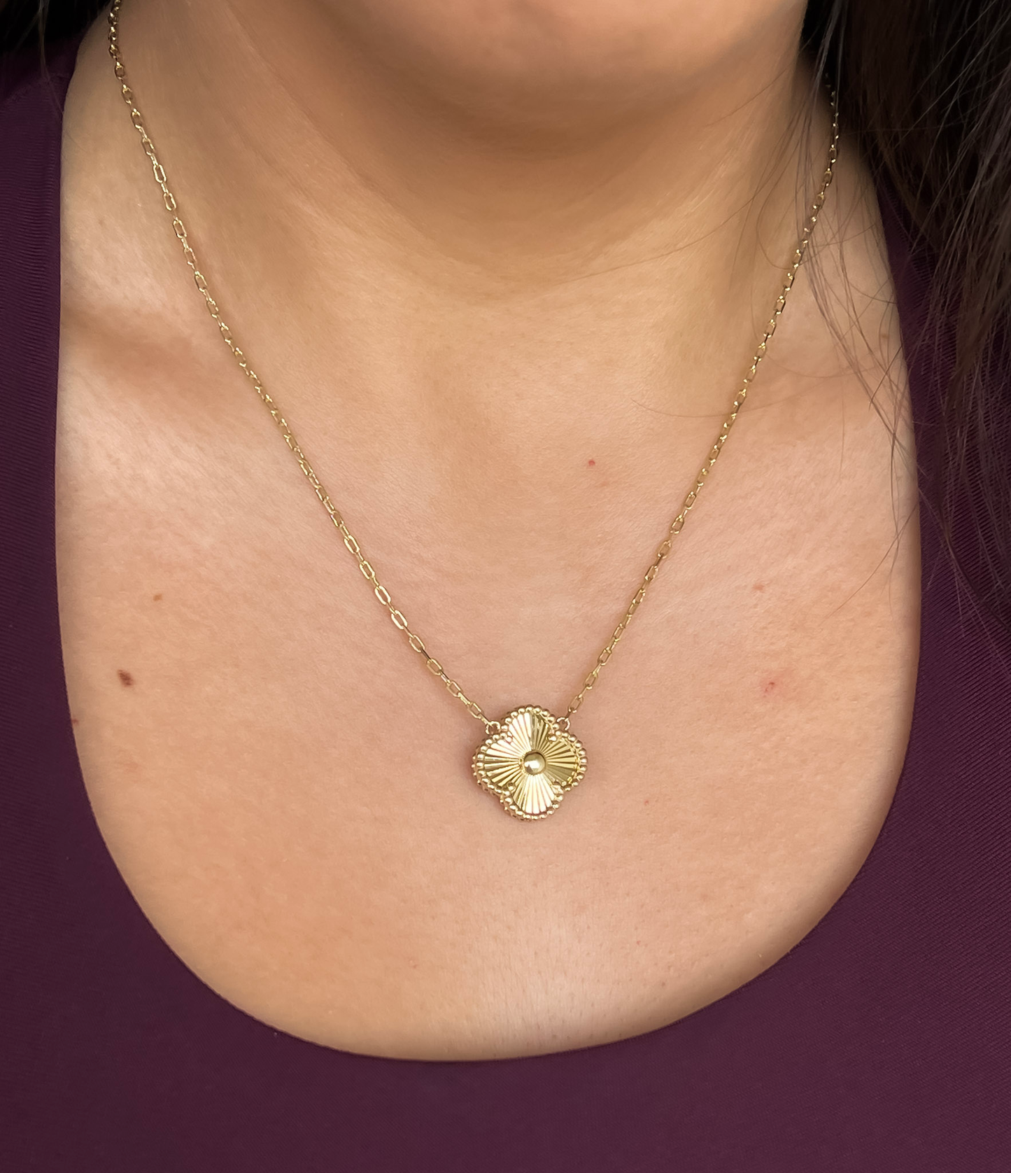 Gold sunburst clover necklace 14k gold