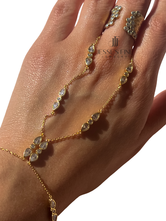 Pear bezel handchain bracelet pear cz open bezel handchain bracelet trendy hand chain bracelet statement open handchain pear bezel for her