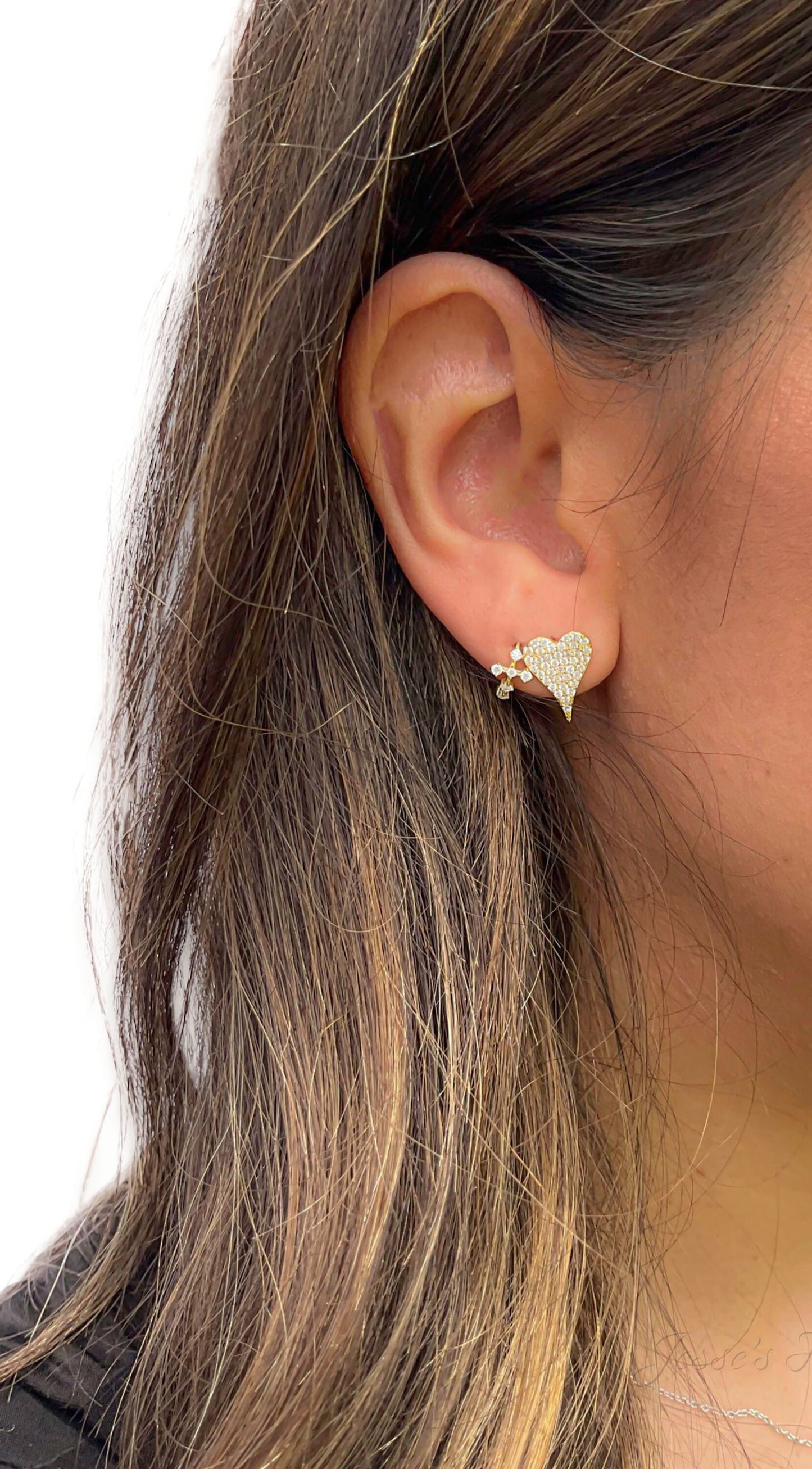 Long heart stud earrings CZ pave stone rose gold heart stud earrings gold heart earrings heart earring for young girl earring for teenage