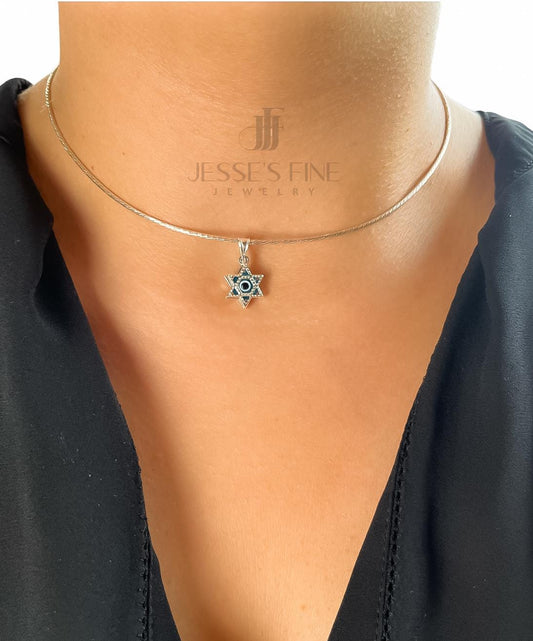 Collar necklace White Star of David pendant blue yellow gold Star of David Jewish star omega necklace  Bat Mitzvah Evil eye David Magen gift