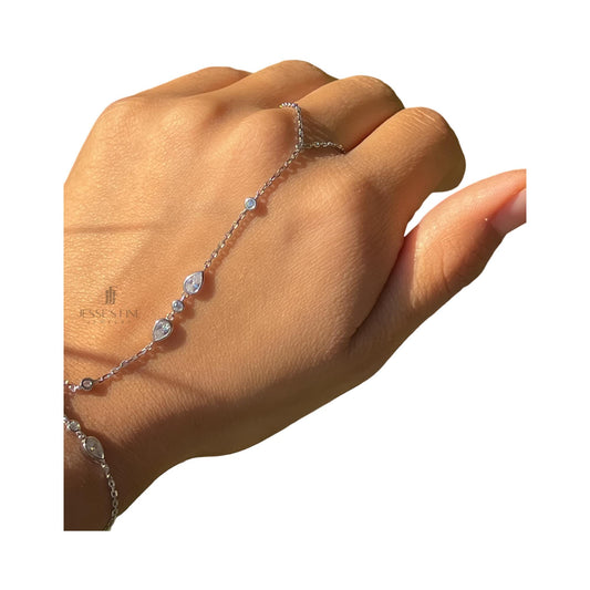 Silver Hand Chain Bridal Handchain Bracelet Silver Sahmaran Finger Bracelet Dainty HandChain Bracelet Bezel CZ stone Handchain bezel pear cz