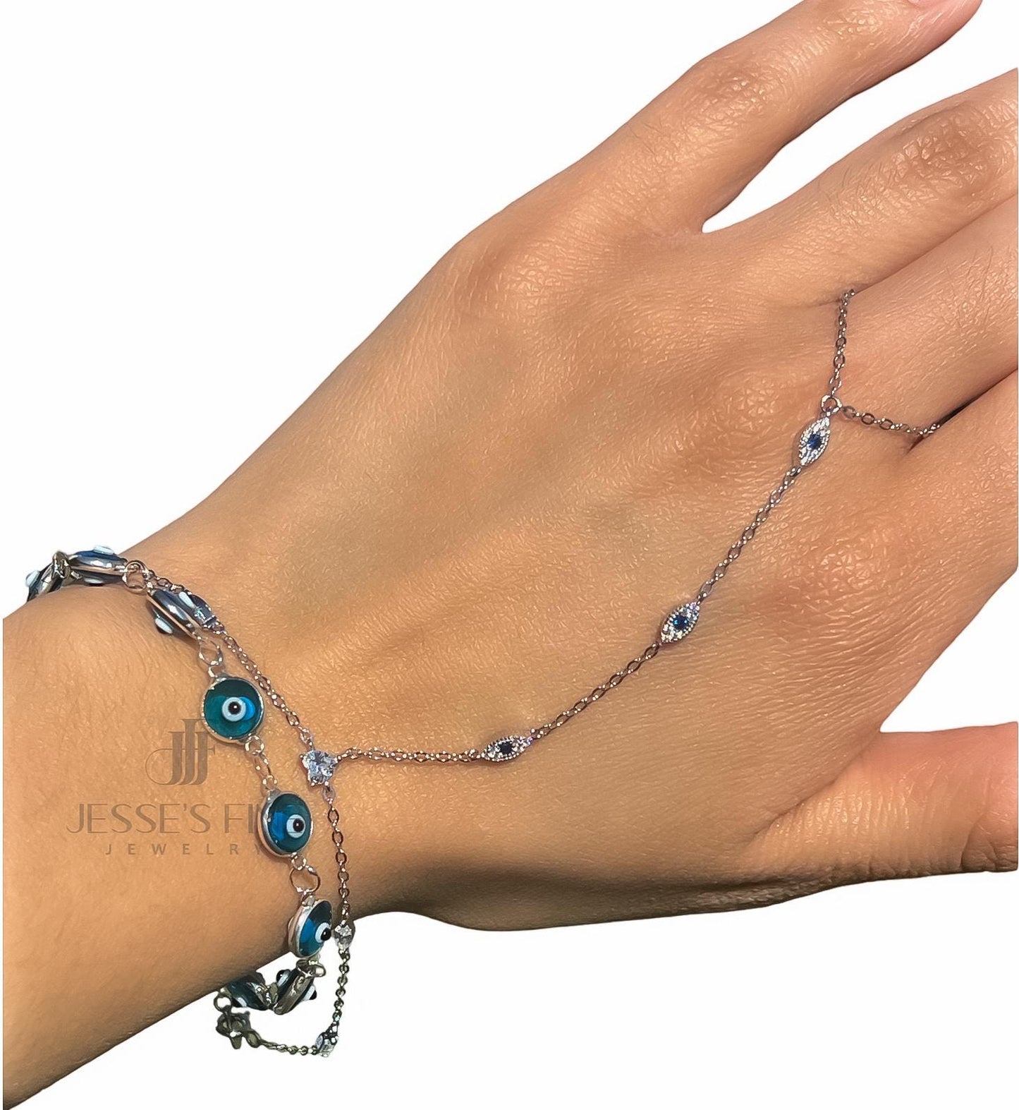 14K Gold Plated Hand Chain Bracelet Hand Chain Ring Minimalist Jewelry Blue evil eye dainty multi stone handchain bracelet CZ evil eye gold