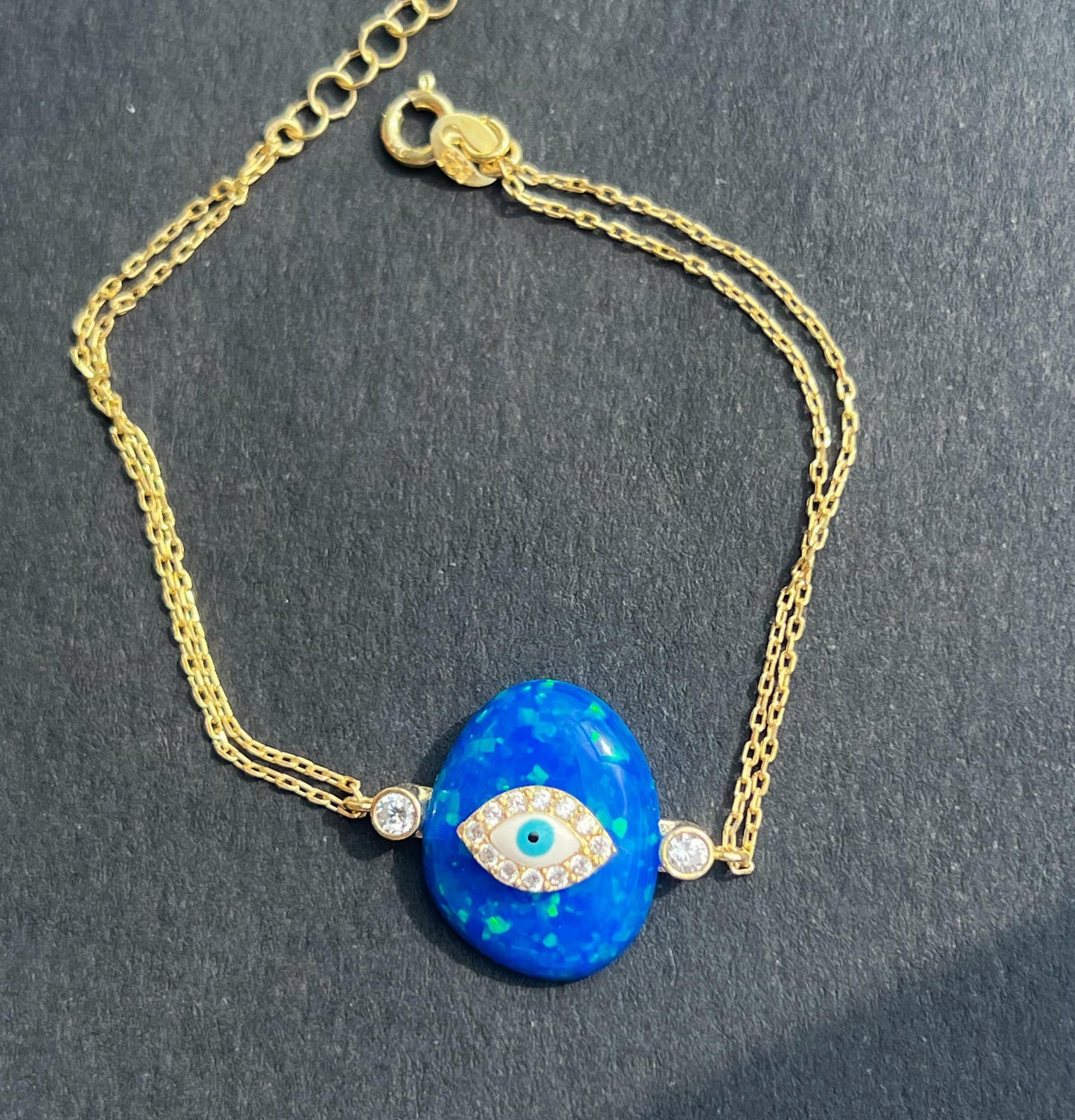Gold Evil eye opal blue bracelet gold plated dark blue opal evil eye bracelet baguette white and light blue evil eye CZ stone evil eye