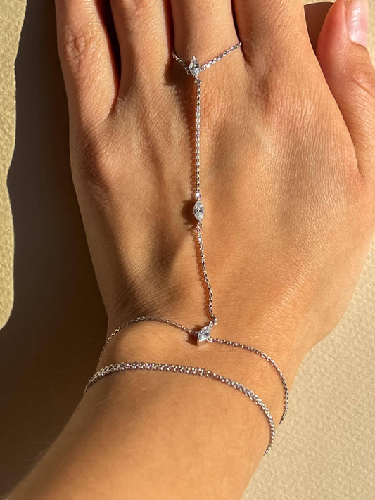 Silver double wrap dainty marquise stone handchain bracelet CZ gold plated hand chain bracelet trendy hand chain bracelet gift for her